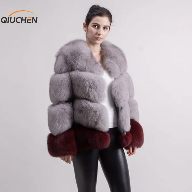QIUCHEN PJ1818 Новое поступление Женская Толстая пушистая шуба из натурального Лисьего меха Цвет Блокировка можно выбрать любой два цвета