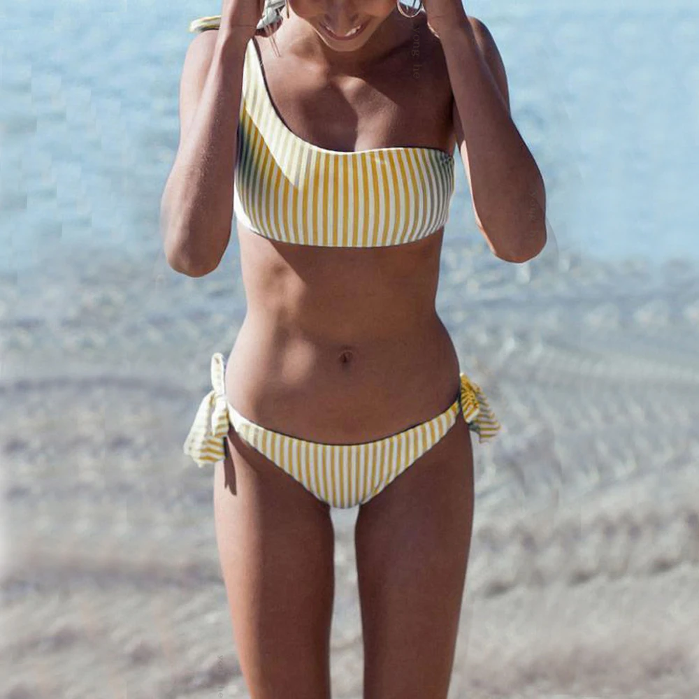 

Women Sexy Bikini Set Striped One Shoulder Bandage Push-up Padded Bra Thong Set Swimwear Swimsuit Bathing Suit Beachwear