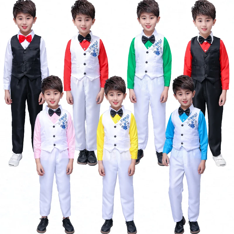 

New Children'S Dance Wear Host Costume Modern Boys Short-Sleeved Stage Performance Chorus Clothing Shirt+Vest+Pants+Tie DWY2067