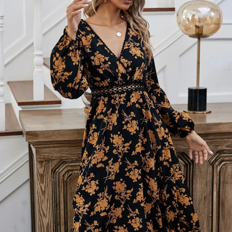 

Dresses Woman Summer 2021 Black Casual Slim Sexy V-neck Lantern Long Sleeve Yellow Floral Print Elegant Retro Party Midi Dress