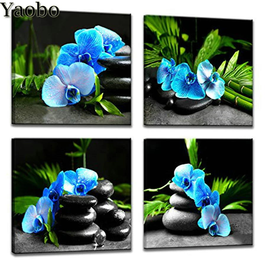 

4 pcs diamond painting Orchid Bamboo Zen Stone pattern diamond embroidery square/round drill puzzles gifts for new year 2020