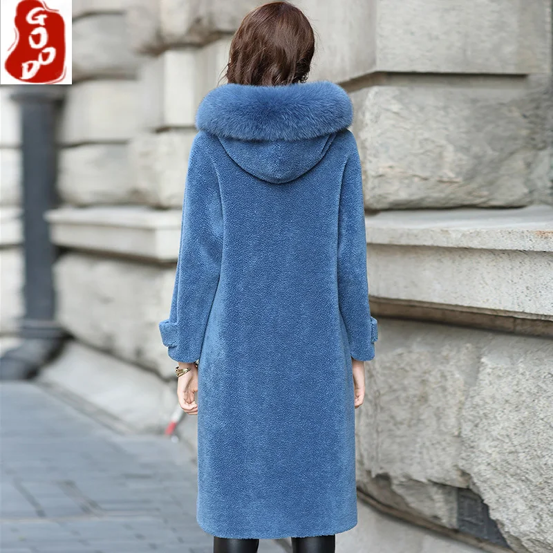 

Natural Sheep Shearing Fur Coat Female Real Wool Jacket Women Autumn Winter Fox Fur Hooded Warm Spring Clothes LPL1373