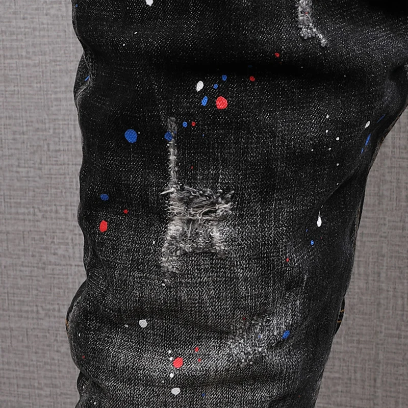

Newly Designer Fashion Men Jeans Italian Vintage Painted Retro Ripped Denim Pants Streetwear Elastic Slim Fit Hip Hop Trousers