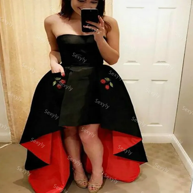 

Sexy Women High Low Evening Dress With Embroidery Strapless Black And Red Satin Short Prom Dresses With Pocket robes de soirée