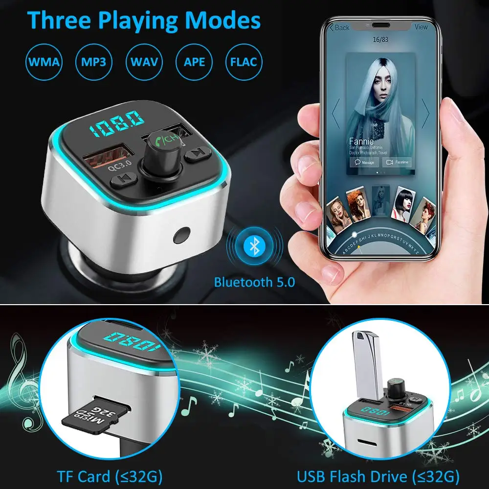 FM передатчик Bluetooth для автомобиля/FM модулятор 6 цветов с подсветкой LED, беспроводной радиоадаптер для автомобиля с зарядкой QC3.0