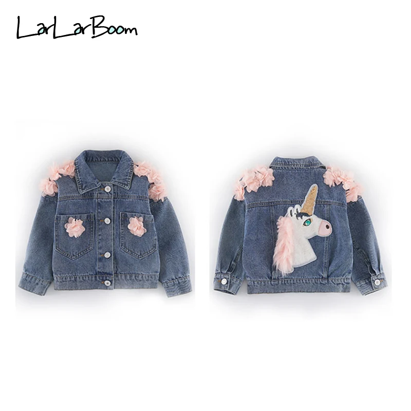 LarLarBoom Denim Jacket for Girls Coats 2019 New Autumn Unicorn Pattern Long Sleeve Baby Outerwear Jean Child | Детская одежда и