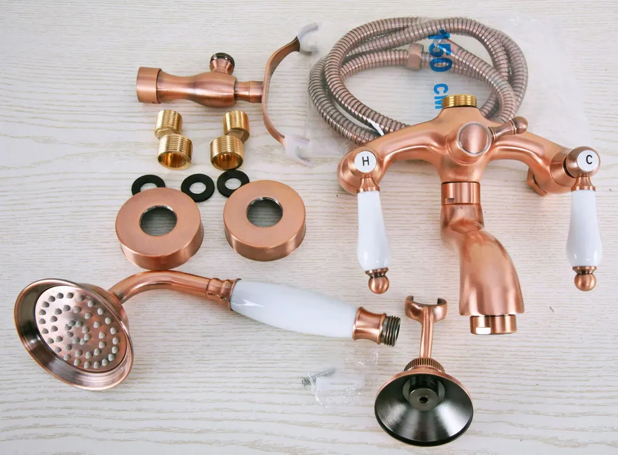 Античная красная медь настенное крепление ванна смесители два Керамика ручки