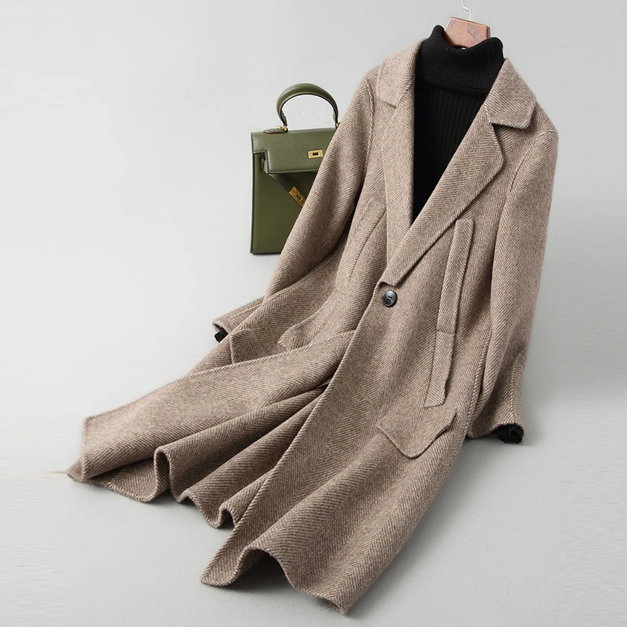 

New 2019 Real Wool Coat Women Spring Autumn Vintage Casual Solid Ladies Long Jacket Coat Elegant Women Coats A036
