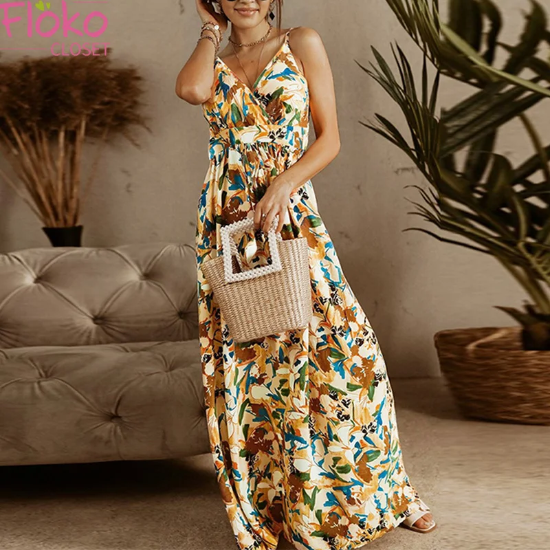 

Flokocloset Women Summer Sexy Floral Split Maxi Dress Beach Sundress Backless Dress Boho Long Dresses Vestidos Femme