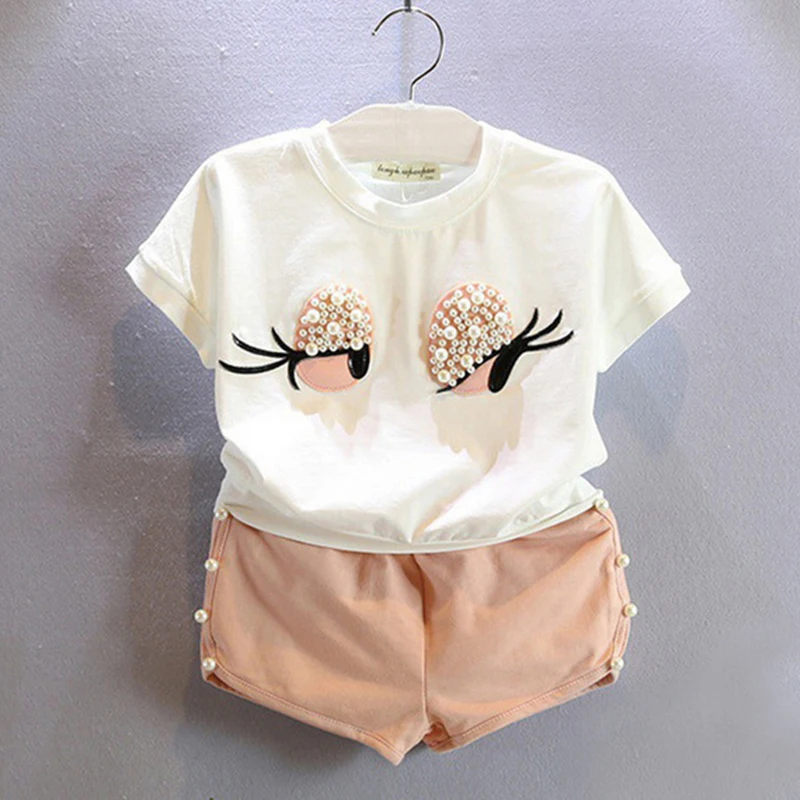 

Комплект одежды для девочек с жемчужными глазами; комплект одежды для девочек; модные красивые топы с длинными ресницами для маленьких дево...