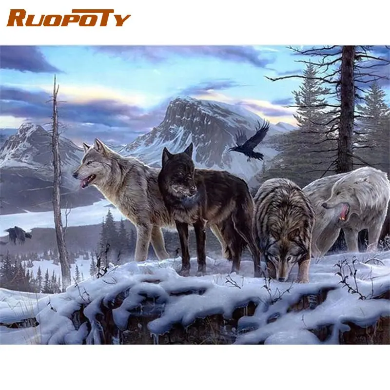 RUOPOTY четыре волка в лесных животных картина по номерам домашний Гостиная ремесла