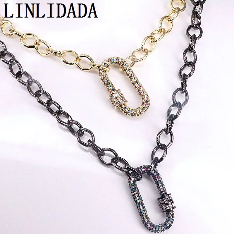 

3Pcs Gold/GunBlack Plated Chain Choker Colourful CZ Pave Oval Lock Necklace Screw Clasp Carabiner Necklace