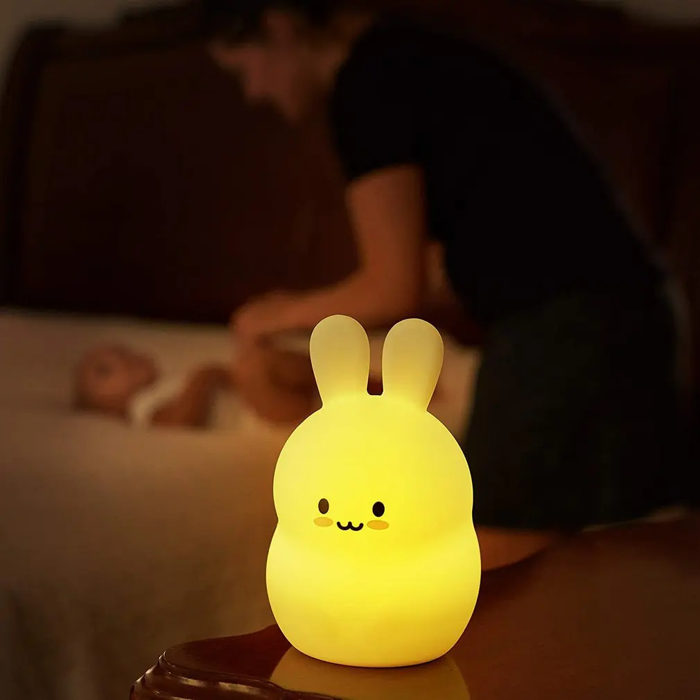 Rabbit LED Night Light Touch Sensor Remote Control 8 Colors Dimming Timer USB Rechargeable Silicone Bunny Lamp for Children Baby | Лампы и