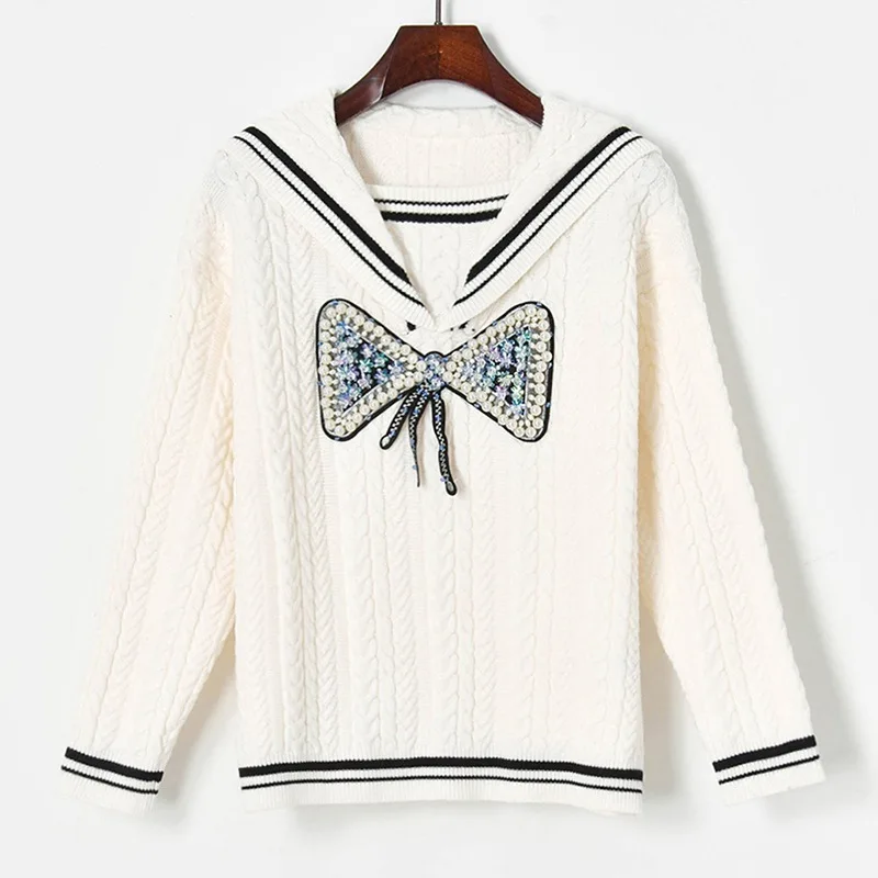

Милые пуловеры, джемперы, толстый теплый зимний свитер, женский белый свитер в стиле преппи с темно-синим воротником и бантом из бисера, женс...