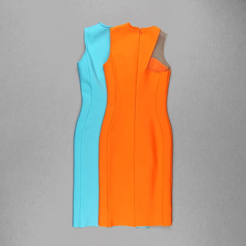 

BEAUKEY New Arrival Orange Mesh Bandage Dress Blue Hollow knee Length Bodycon Elegant Lady Evening Party Club Black Vestido