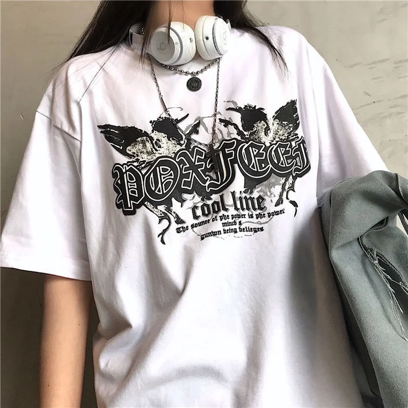 

Y2k Woman T-shirt 2021 Goth Alt Clothes Aesthetic Fashion Harajuku Top Mujer Summer Black Streetwear MINGLIUSILI Tee Shirt