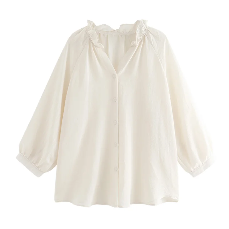 

Shirt Womens Tops Spring 2021 New Office Lady Three Quarter Sleeve Chiffon Solid Loose Single Breasted Thin V-Neck Women Shirts
