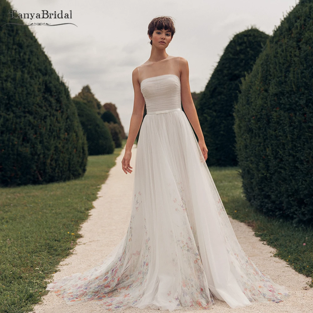 

Strapless A Line Colorful Wedding Dresses Boho Lace Emboridery Beach Bridal Gowns Robe De Soiree Chic DW623
