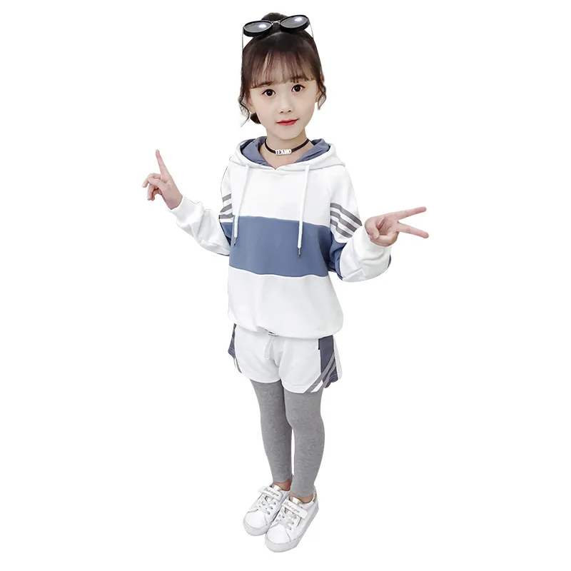 

2021 winter teenager kids girl Clothes strip Hoodie tracksuit uniform + short splicing leggings pants 4 5 6 7 8 9 10 11 12 Year