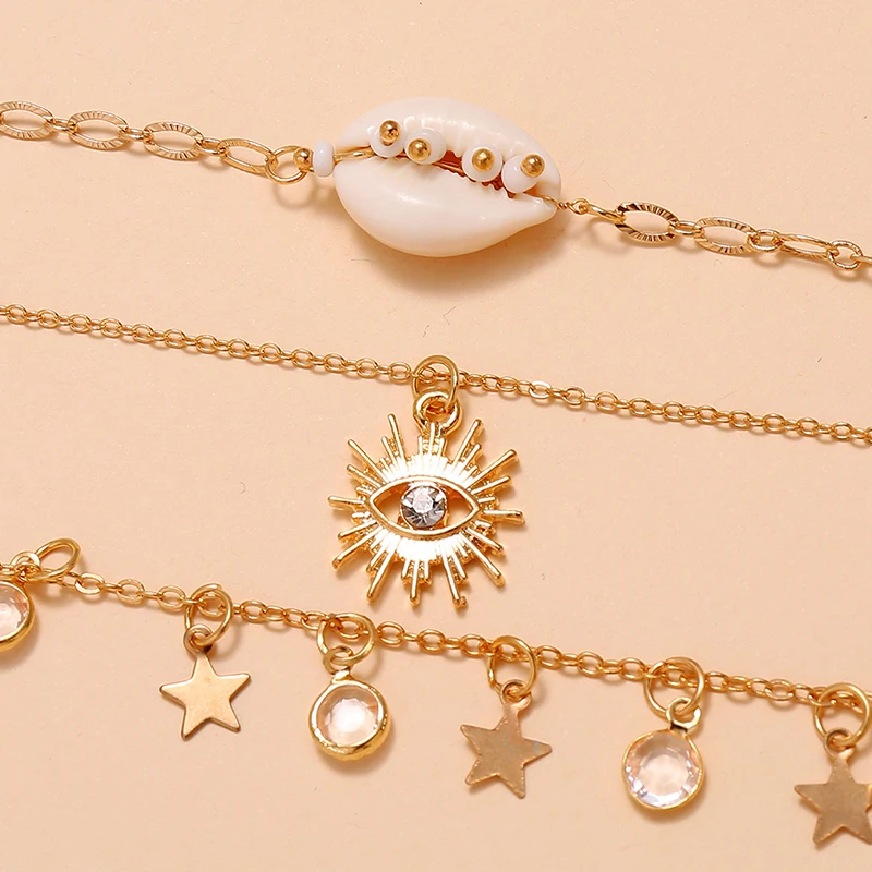 3 Pcs/Set Retro Women Anklets Eyes Sun Flower Shell Beads Stars Crystal Tassel Pendant Gold Anklet Barefoot Beach Party Jewelry | Украшения