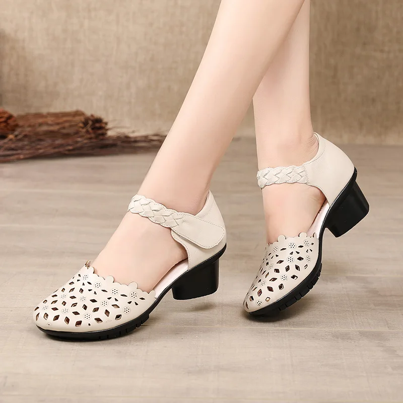 

2021 Summer Women's Party Genuine Leather Shoes Woman Retro Hollow Out Sandals Female Hook & Loop Heels Ladies Platform Sandal