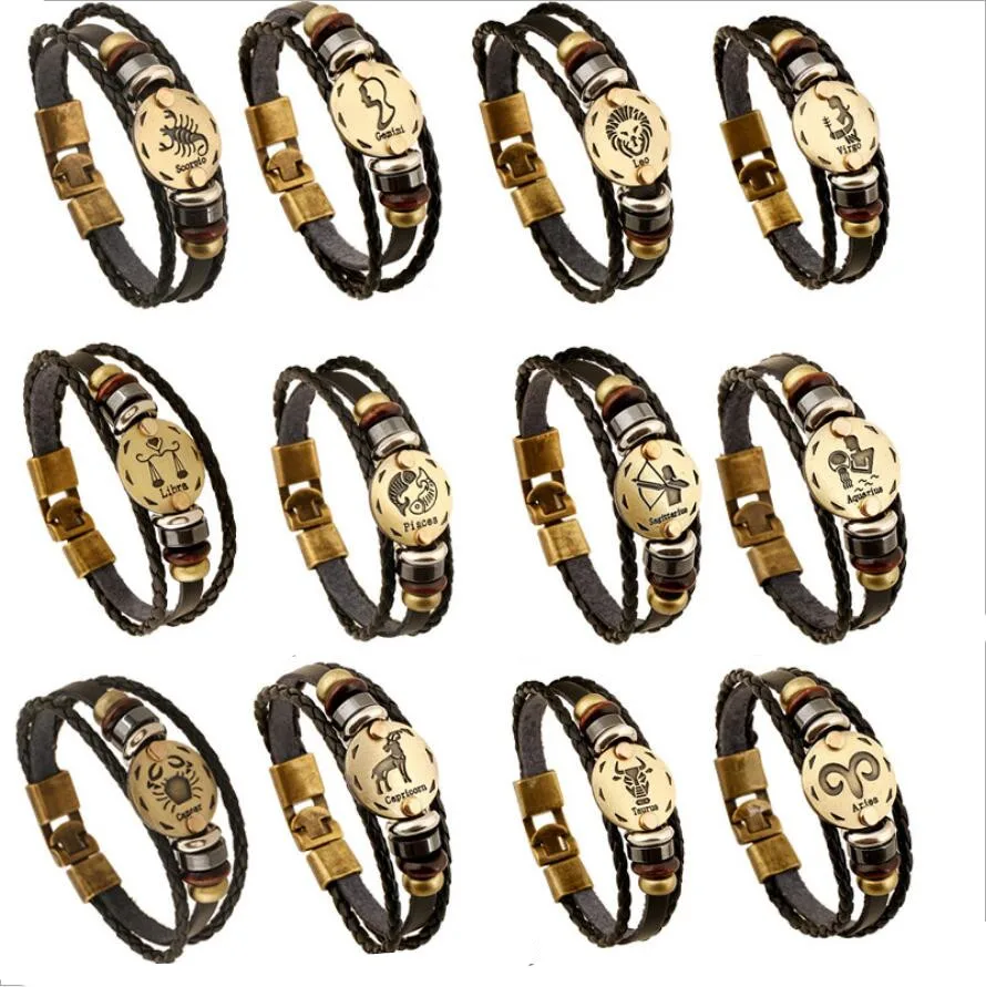 Хит 12 знаков зодиака мужской кожаный браслет винтажный Ретро Браслет мужские