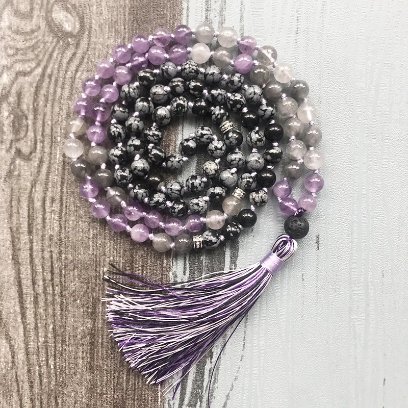 108 Mala бусы ожерелье с узелками Снежинка обсидиан облачно Q-uartz колье мала Чакра