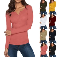 autumn spring womens v neck shirts long sleeve solid button down slim fit basic t shirts tops tees 2020 women fashion clothing