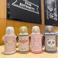 450ml kids thermos mug with straw stainless steel animals vacuum flasks children cute thermal water bottle tumbler thermocup