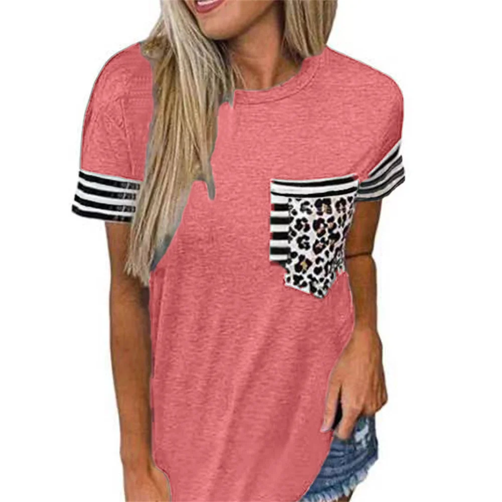 Купи 2022 Women Short Sleeve Summer T-Shirt Tops Femme Pocket Leopard Stripe Stitching T Shirt Casual Loose Ladies T Shirt Clothes за 484 рублей в магазине AliExpress