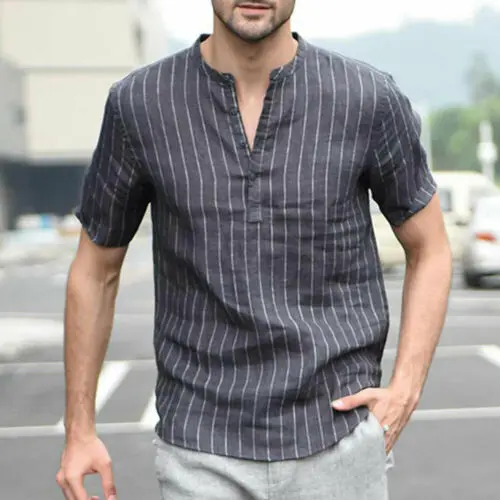 

Summer Men's Linen V Neck Short Sleeve Basic Tee T-shirt Casual Tops Male Striped Retro Shirts Tops M-2XL