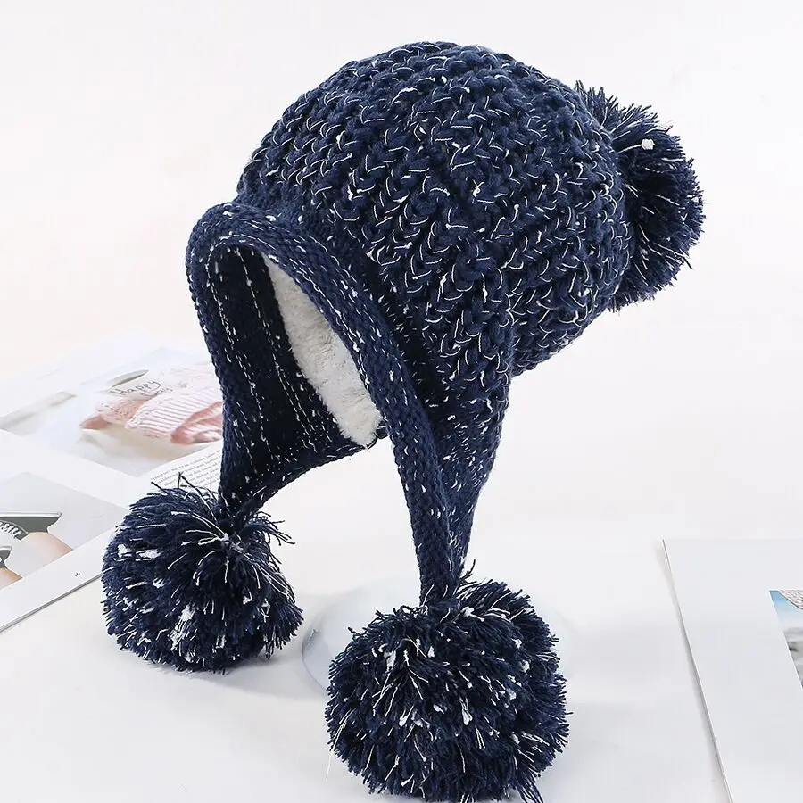 Новинка, женские зимние модные шапочки, милые шапочки, бархатная шерстяная шапка, Студенческая шапка с помпонами, теплая цветная вязаная шапка