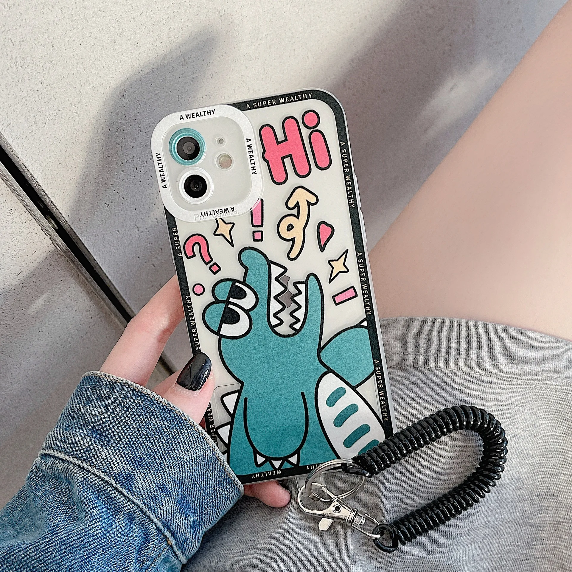 

Cute Cartoon Dinosaur Phone Case For iphone 13 12 Mini 11 Pro XS Max XR SE 2020 7 8 Plus X With Lanyard Soft Silicone Cover