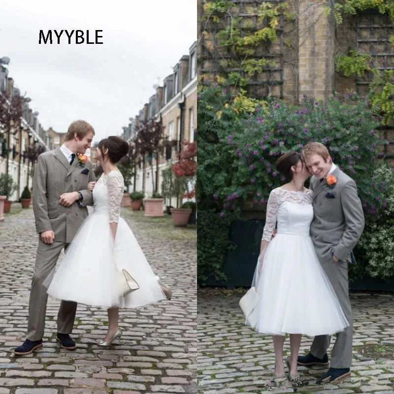 Популярное свадебное платье длиной ниже колена трапециевидная Иллюзия Ba Tea u