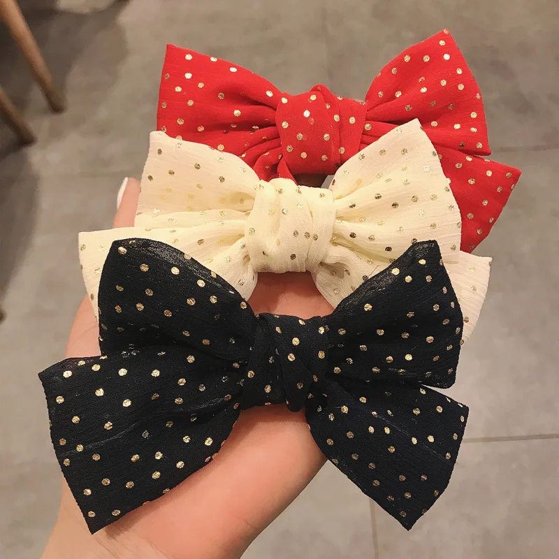 

Bronzing Dot Bow Hair Clip Chiffon Fabric Hairpins Metal Spring Clips Top Clip Handmade Hairgrips Women Girls Hair Accessories