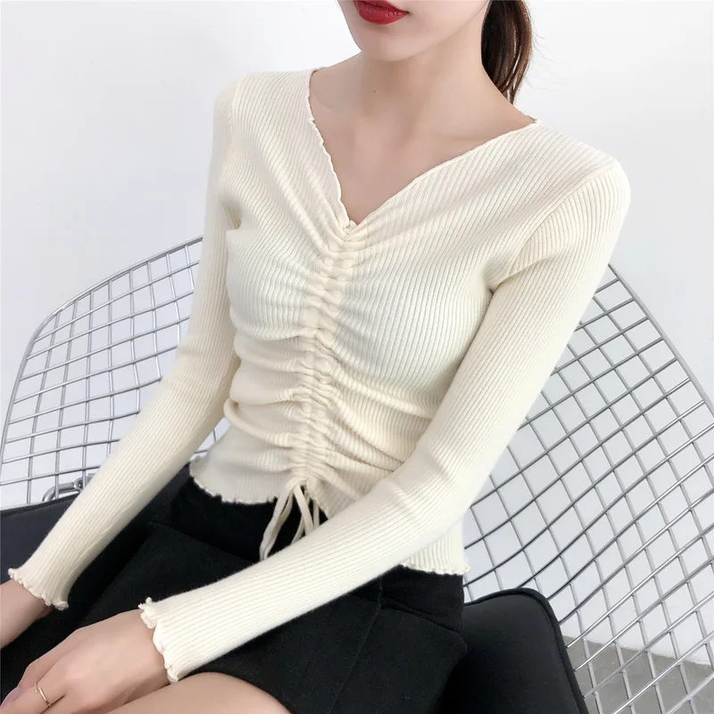 

2020 Spring Winter Sweater Women Fashion Knitted Long Sleeve V-Neck Slim Tight Drawstring t-shirt Lady Cloth Female Sweaters