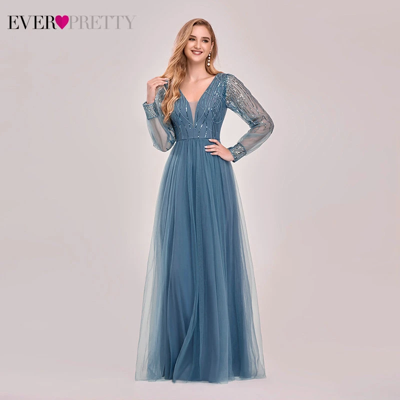 

Dusty Blue Bridesmaid Dresses Ever Pretty EP00478DN A-Line V-Neck Sequined Full Sleeve Wedding Guest Dresses Robe De Mariee 2021