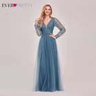 Пыльно-синее платье подружки невесты Ever Pretty EP00478DN, ТРАПЕЦИЕВИДНОЕ свадебное платье с длинным рукавом и V-образным вырезом, расшитое блестками, 2021