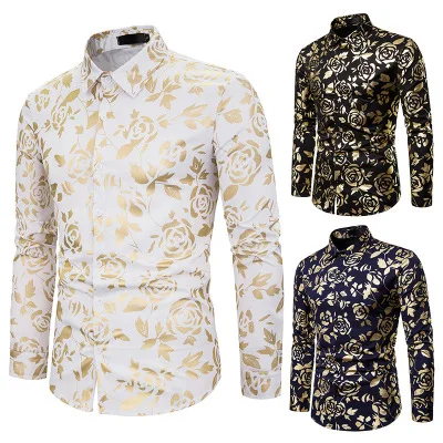 

Nightclub Men's Lapel Rose Hot Stamping Slim Long Sleeve Shirt