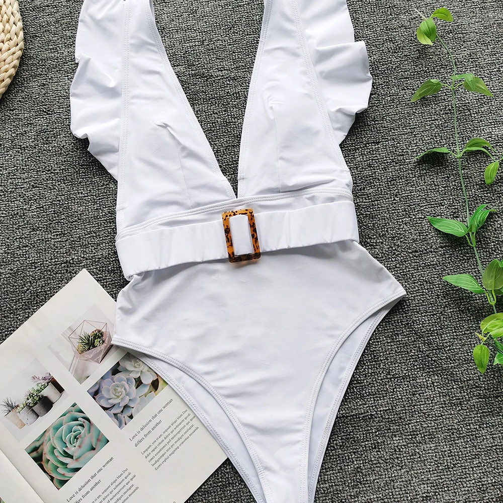 ZTVitality Ruffles White One Piece Swimsuit 2020 New Arrival Padded Deep V-Neck Belt Sexy Swimwear Women Bathing Suit Monokini