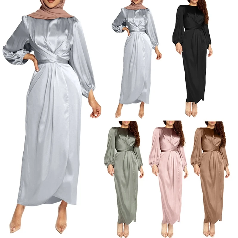 

Women Arab Muslim Satin Puff Long Sleeve Maxi Dress Solid Color Wrap Front Self-Tie Abaya Dubai Turkey Hijab Robe Kaftan