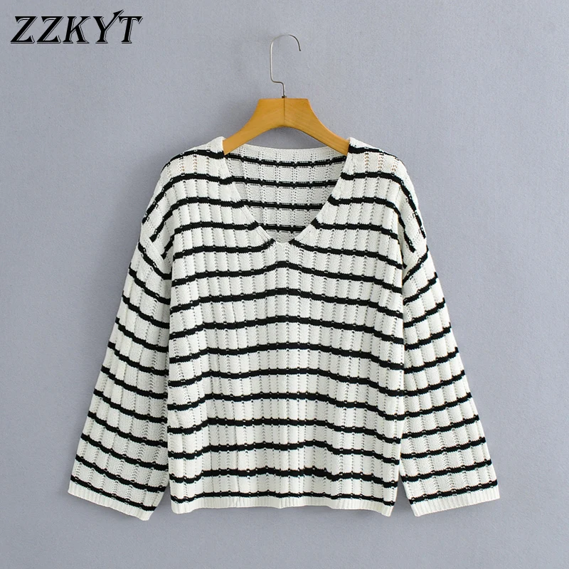 

ZZKYT 2021 Women Autumn Fashion Striped Pullover Knitted Sweater Vintage V-Neck Long Sleeve Female Casual Chic Tops Vestidos
