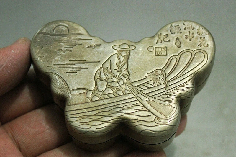 Китай собрать народный Мяо Серебряный Рыбак Статуя Бабочка Шкатулка коробки