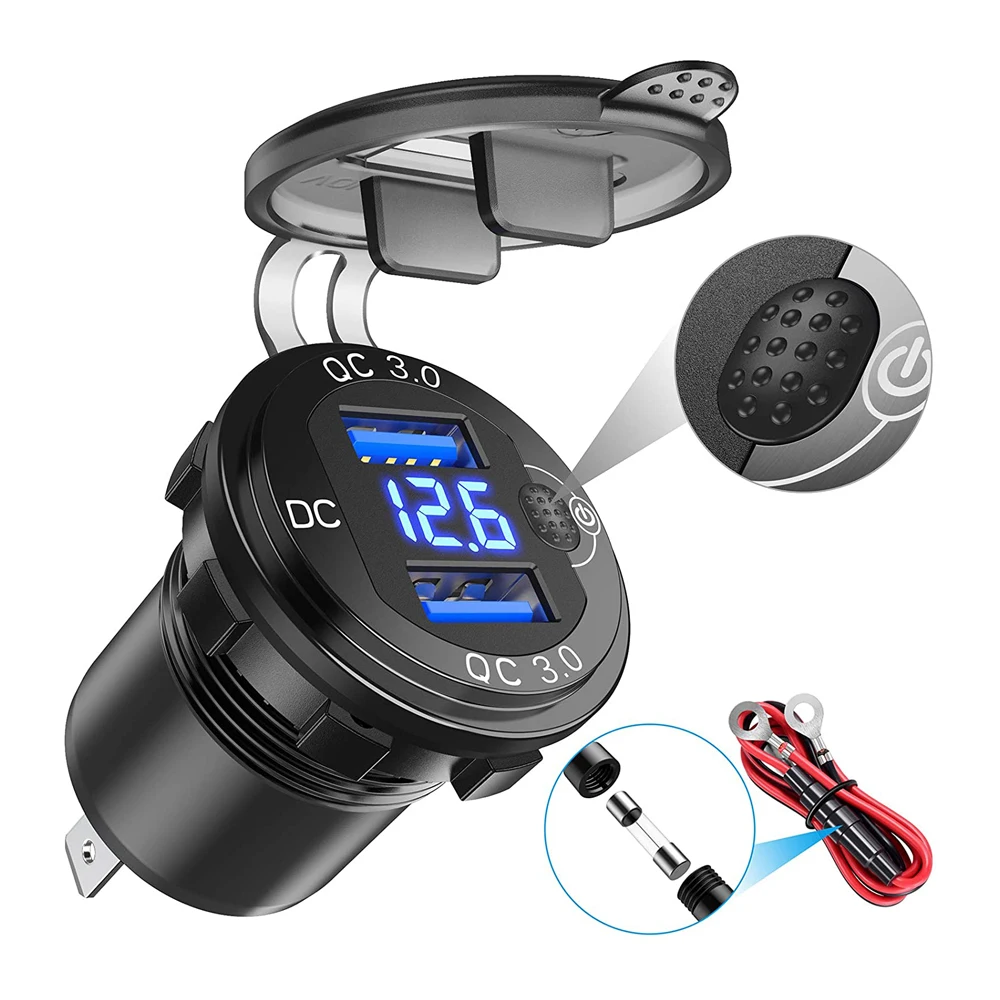 quick charge 3 0 36w car dual usb charger qc3 0 waterproof with voltmeter switch for 12v24v motorcycle atv boat marine rv free global shipping