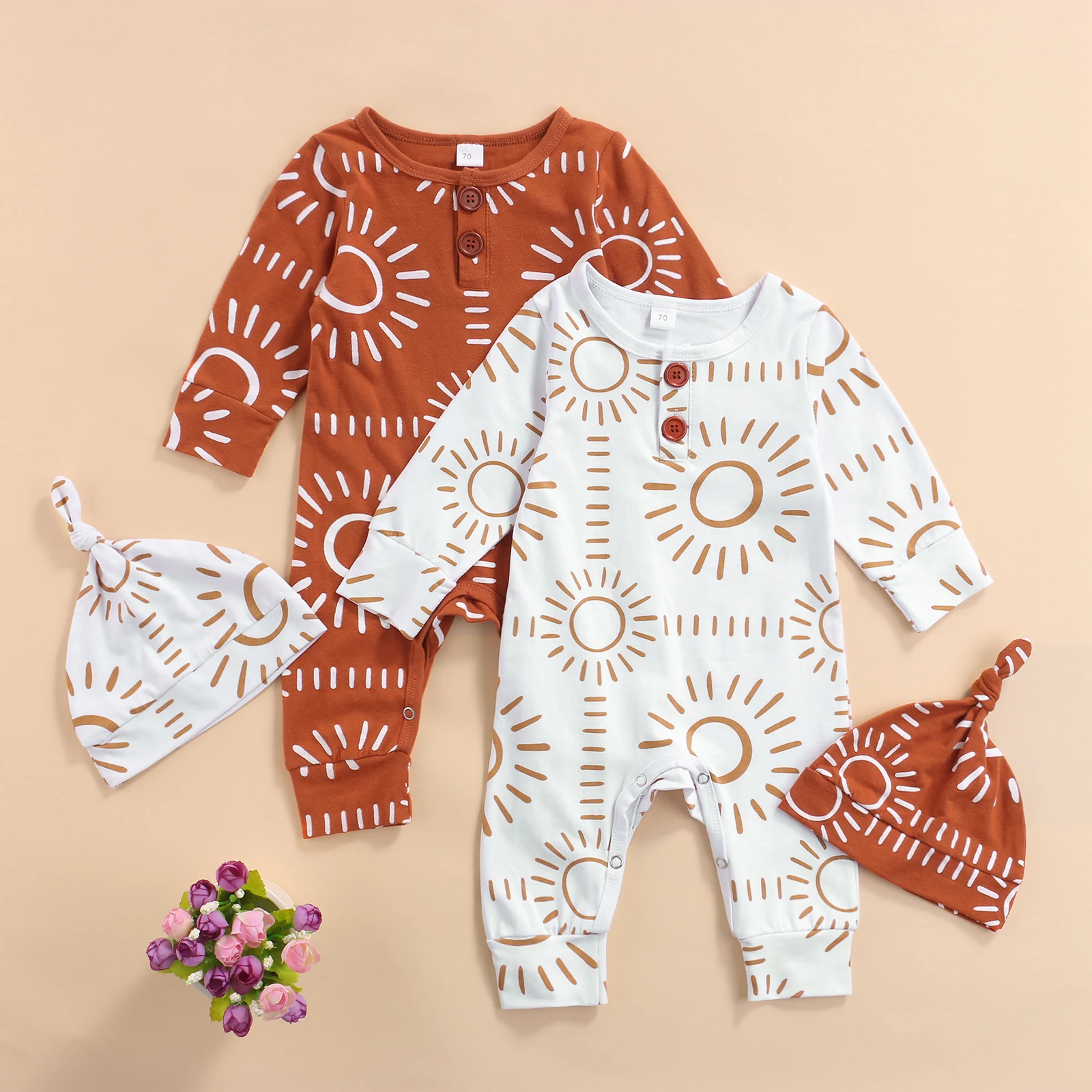 

Pudcoco Baby’s Casual Jumpsuit with Hat Fashion Sun Printing Long Sleeve Sun Print Long Pants Romper Good Day 2021 New