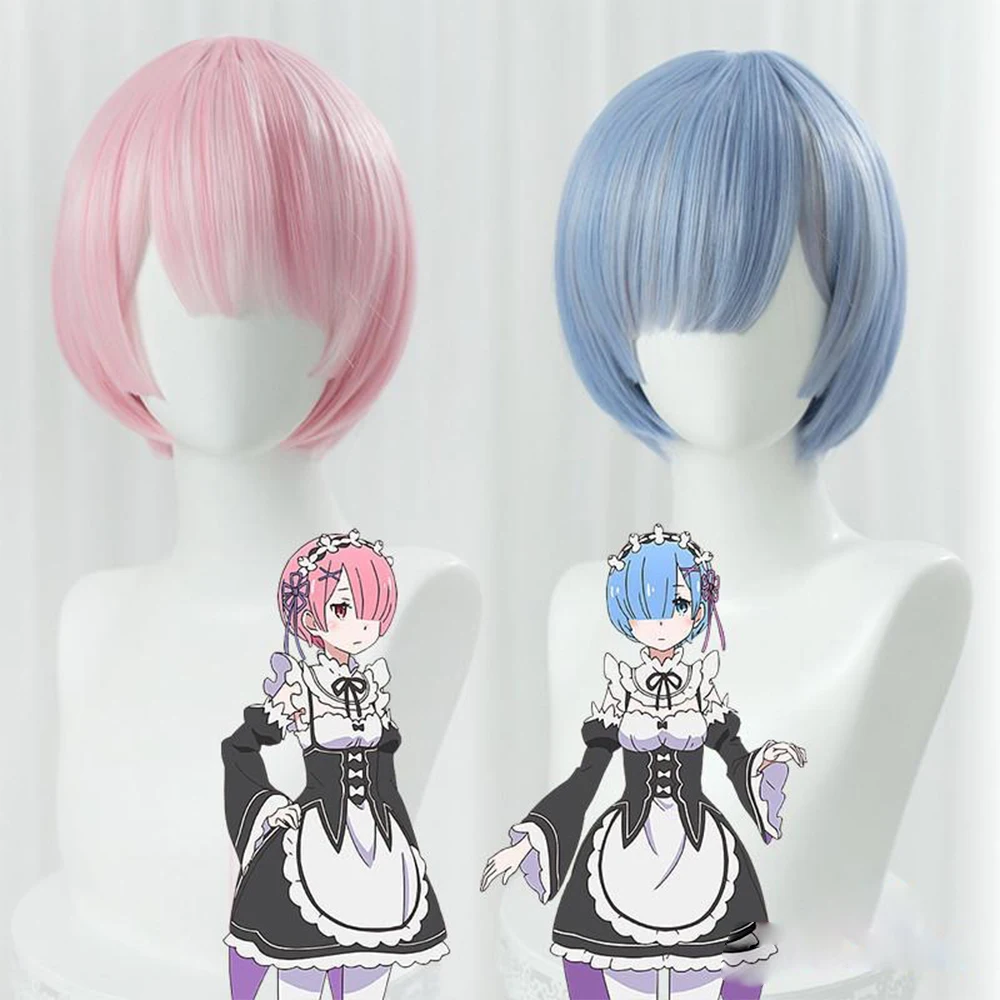 

Anime Re:Life In A Different World From Zero Ram Rem Short Blue Pink Wig Cosplay Costume Prop+Wig cap Anime cosplay wig