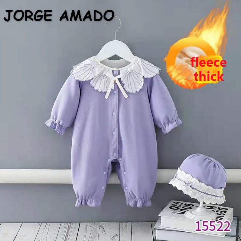 

2021 Ins Winter Baby Girl Romper Purple Long Sleeves Soft Triple- Layer Cotton Jumpsuit with Cap Bebe Fleece Playsuit E5522