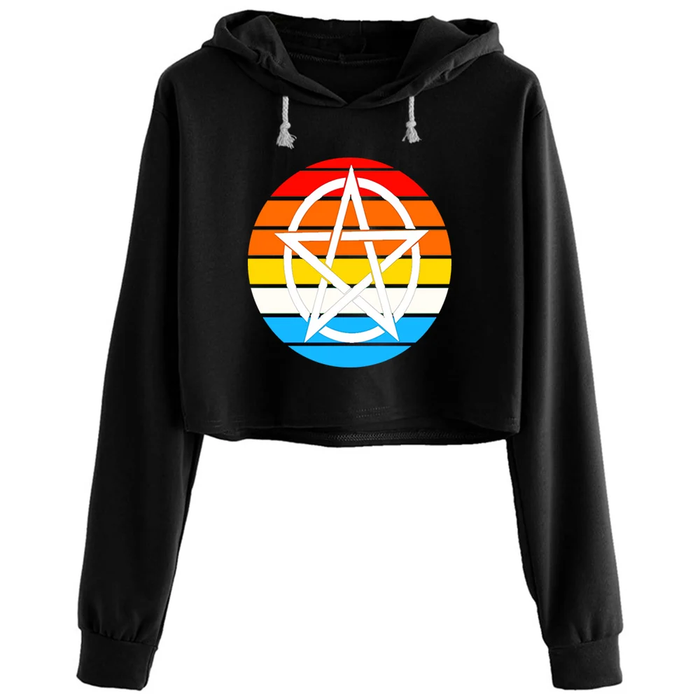 

Pentagram Crop Hoodies Women Goth Grunge Harajuku Anime Pullover For Girls