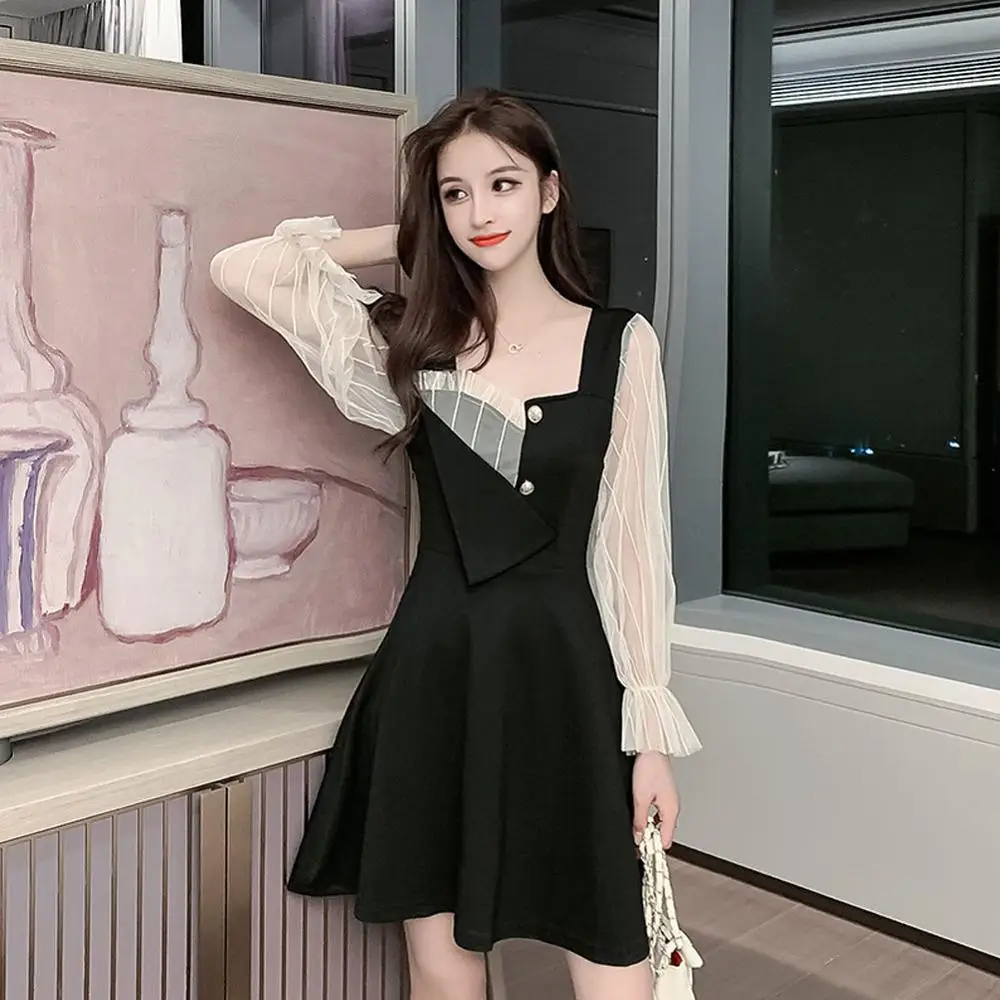 Женское винтажное платье средней длины элегантное черное с длинными