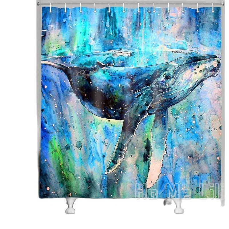 

Blue Whale Shower Curtain By Ho Me Lili Watercolor Bathroom Decoration Set Underwater World Ink Blue Theme Psychedelic Polyester